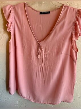 SHEIN Soft Pink V-Neck Ruffle Sleeve Blouse